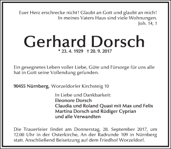 Traueranzeige von Gerhard Dorsch von Gesamtausgabe Nürnberger Nachrichten/ Nürnberger Ztg.