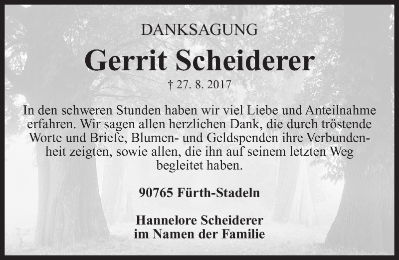  Traueranzeige für Gerrit Scheiderer vom 13.09.2017 aus Fürther Nachrichten Lokal