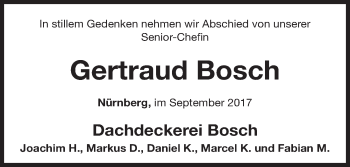 Traueranzeige von Gertraud Bosch von Gesamtausgabe Nürnberger Nachrichten/ Nürnberger Ztg.