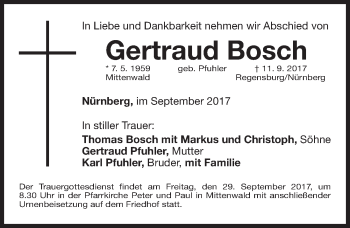 Traueranzeige von Gertraud Bosch von Gesamtausgabe Nürnberger Nachrichten/ Nürnberger Ztg.