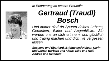 Traueranzeige von Gertraud Bosch von Gesamtausgabe Nürnberger Nachrichten/ Nürnberger Ztg.