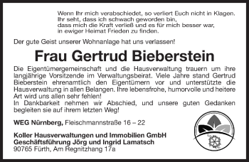 Traueranzeige von Gertrud Bieberstein von Gesamtausgabe Nürnberger Nachrichten/ Nürnberger Ztg.