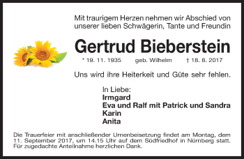 Traueranzeige von Gertrud Bieberstein von Gesamtausgabe Nürnberger Nachrichten/ Nürnberger Ztg.