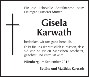 Traueranzeige von Gisela Karwath von Gesamtausgabe Nürnberger Nachrichten/ Nürnberger Ztg.