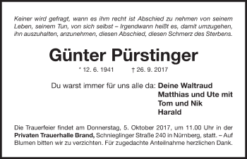 Traueranzeige von Günter Pürstinger von Gesamtausgabe Nürnberger Nachrichten/ Nürnberger Ztg.