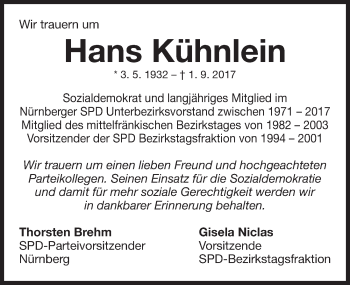 Traueranzeige von Hans Kühnlein von Gesamtausgabe Nürnberger Nachrichten/ Nürnberger Ztg.