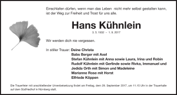 Traueranzeige von Hans Kühnlein von Gesamtausgabe Nürnberger Nachrichten/ Nürnberger Ztg.