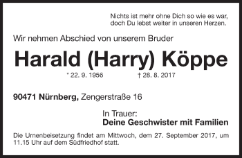 Traueranzeige von Harald Köppe von Gesamtausgabe Nürnberger Nachrichten/ Nürnberger Ztg.