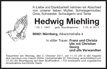 Traueranzeige von Hedwig Miehling von Gesamtausgabe Nürnberger Nachrichten/ Nürnberger Ztg.