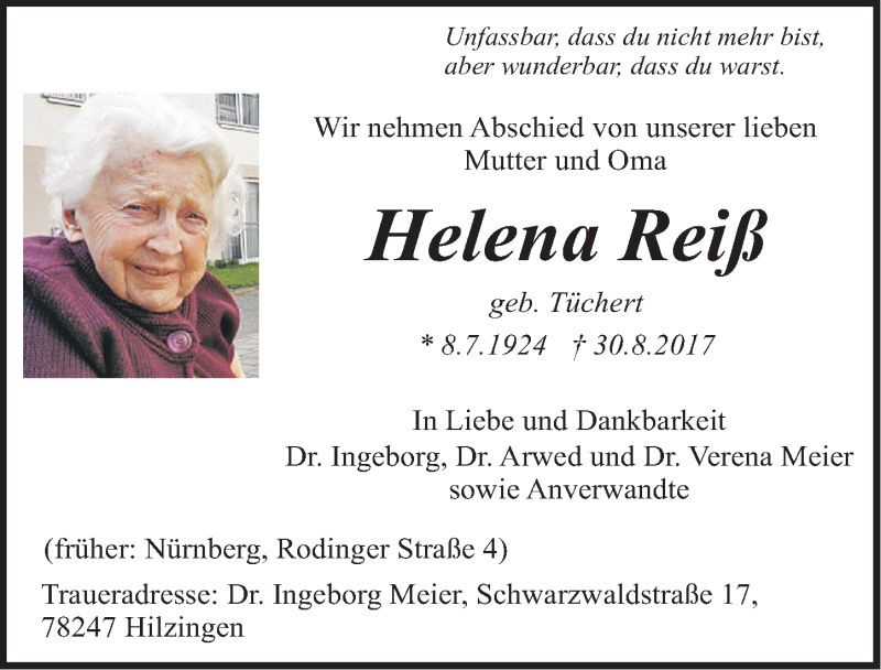 Traueranzeige für Helena Reiß vom 02.09.2017 aus Gesamtausgabe Nürnberger Nachrichten/ Nürnberger Ztg.