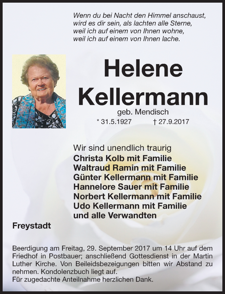  Traueranzeige für Helene Kellermann vom 28.09.2017 aus Neumarkter Nachrichten Lokal