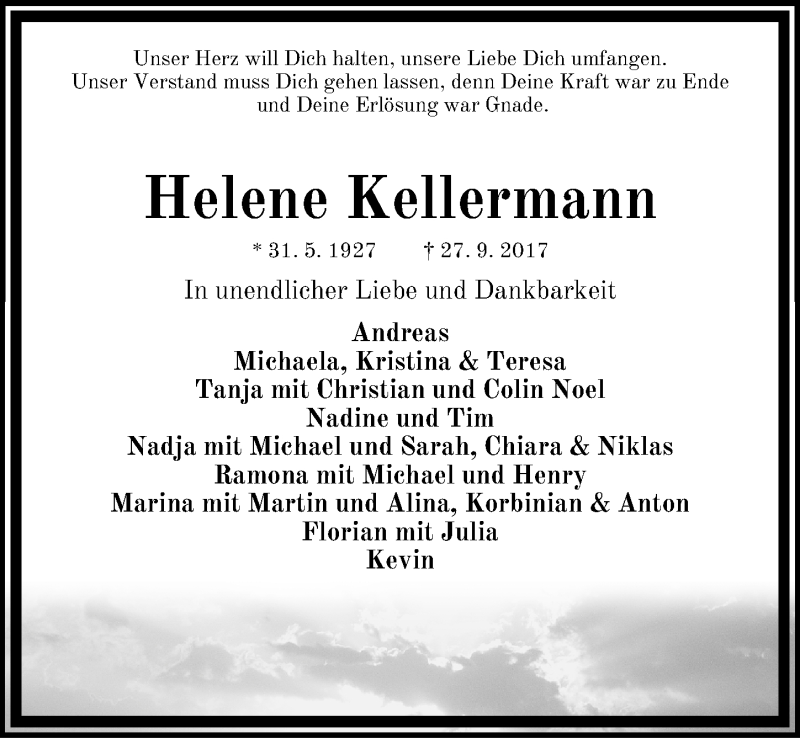  Traueranzeige für Helene Kellermann vom 30.09.2017 aus Neumarkter Nachrichten Lokal