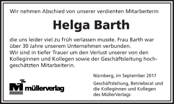 Traueranzeige von Helga Barth von Gesamtausgabe Nürnberger Nachrichten/ Nürnberger Ztg.