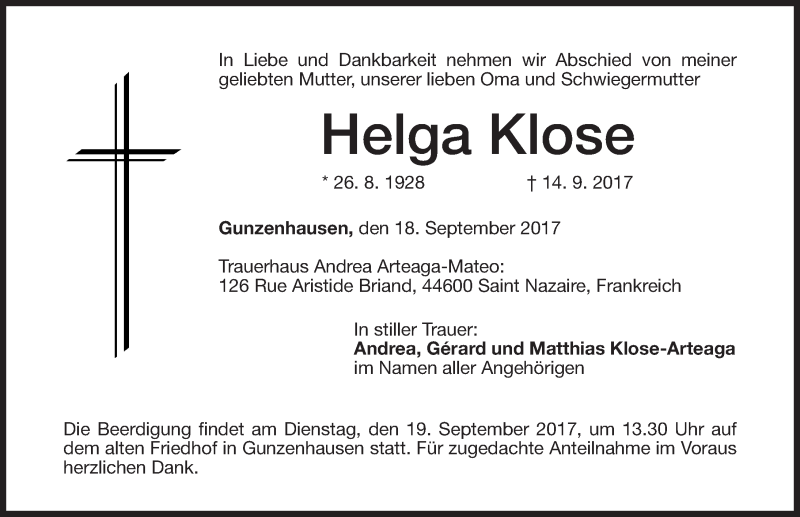  Traueranzeige für Helga Klose vom 18.09.2017 aus Altmühl-Bote Lokal