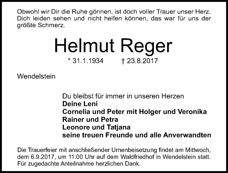  Traueranzeige für Helmut Reger vom 02.09.2017 aus Gesamtausgabe Nürnberger Nachrichten/ Nürnberger Ztg.
