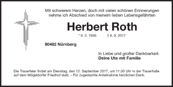 Traueranzeige von Herbert Roth von Gesamtausgabe Nürnberger Nachrichten/ Nürnberger Ztg.