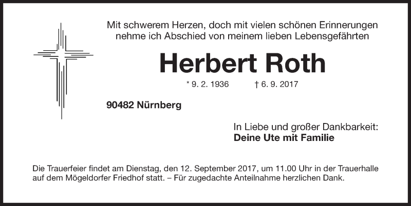  Traueranzeige für Herbert Roth vom 09.09.2017 aus Gesamtausgabe Nürnberger Nachrichten/ Nürnberger Ztg.