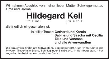 Traueranzeige von Hildegard Keil von Gesamtausgabe Nürnberger Nachrichten/ Nürnberger Ztg.