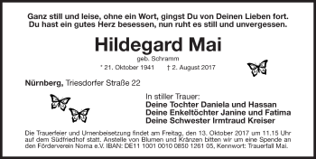Traueranzeige von Hildegard Mai von Gesamtausgabe Nürnberger Nachrichten/ Nürnberger Ztg.