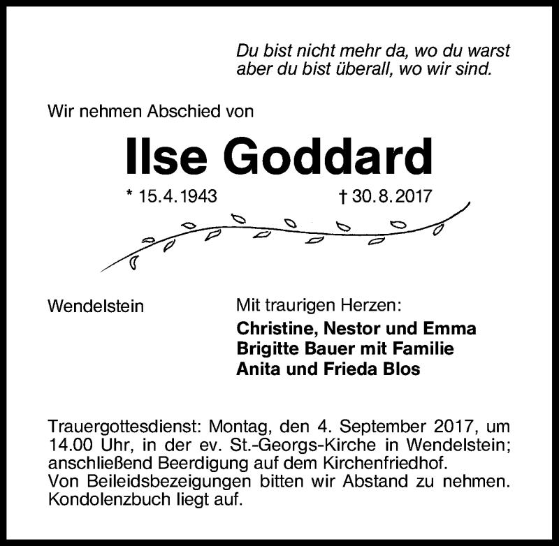  Traueranzeige für Ilse Goddard vom 02.09.2017 aus Schwabach