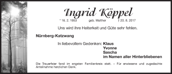 Traueranzeige von Ingrid Köppel von Gesamtausgabe Nürnberger Nachrichten/ Nürnberger Ztg.