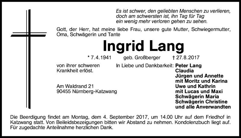  Traueranzeige für Ingrid Lang vom 02.09.2017 aus Schwabach