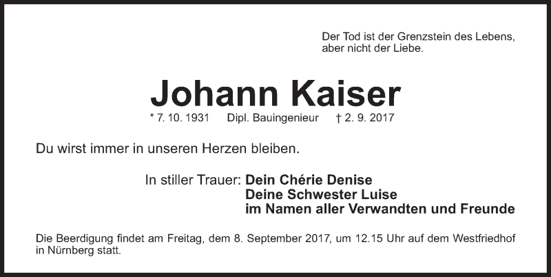  Traueranzeige für Johann Kaiser vom 06.09.2017 aus Gesamtausgabe Nürnberger Nachrichten/ Nürnberger Ztg.