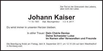 Traueranzeige von Johann Kaiser von Gesamtausgabe Nürnberger Nachrichten/ Nürnberger Ztg.