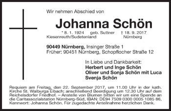 Traueranzeige von Johanna Schön von Gesamtausgabe Nürnberger Nachrichten/ Nürnberger Ztg.