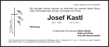 Traueranzeige von Josef Kastl von Gesamtausgabe Nürnberger Nachrichten/ Nürnberger Ztg.