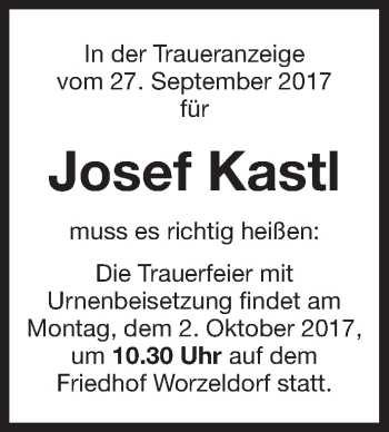 Traueranzeige von Josef Kastl von Gesamtausgabe Nürnberger Nachrichten/ Nürnberger Ztg.