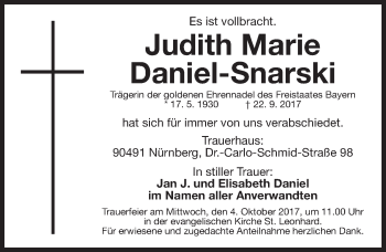 Traueranzeige von Judith Marie Daniel-Snarski von Gesamtausgabe Nürnberger Nachrichten/ Nürnberger Ztg.