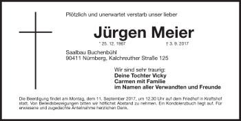 Traueranzeige von Jürgen Meier von Gesamtausgabe Nürnberger Nachrichten/ Nürnberger Ztg.