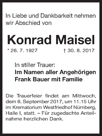 Traueranzeige von Konrad Maisel von Gesamtausgabe Nürnberger Nachrichten/ Nürnberger Ztg.