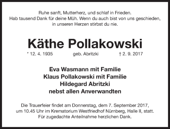 Traueranzeige von Käthe Pollakowski von Gesamtausgabe Nürnberger Nachrichten/ Nürnberger Ztg.