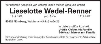 Traueranzeige von Lieselotte Wedel-Renner von Gesamtausgabe Nürnberger Nachrichten/ Nürnberger Ztg.