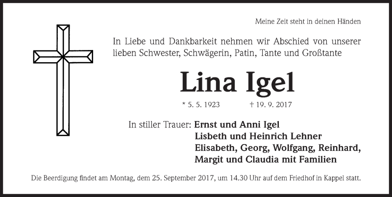  Traueranzeige für Lina Igel vom 21.09.2017 aus Nordbayerische Nachrichten Forchheim Lokal