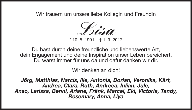  Traueranzeige für Lisa Franz vom 11.09.2017 aus Fürther Nachrichten Lokal