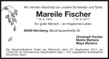 Traueranzeige von Mareile Fischer von Gesamtausgabe Nürnberger Nachrichten/ Nürnberger Ztg.