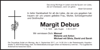 Traueranzeige von Margit Debus von Gesamtausgabe Nürnberger Nachrichten/ Nürnberger Ztg.