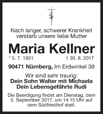 Traueranzeige von Maria Kellner von Gesamtausgabe Nürnberger Nachrichten/ Nürnberger Ztg.
