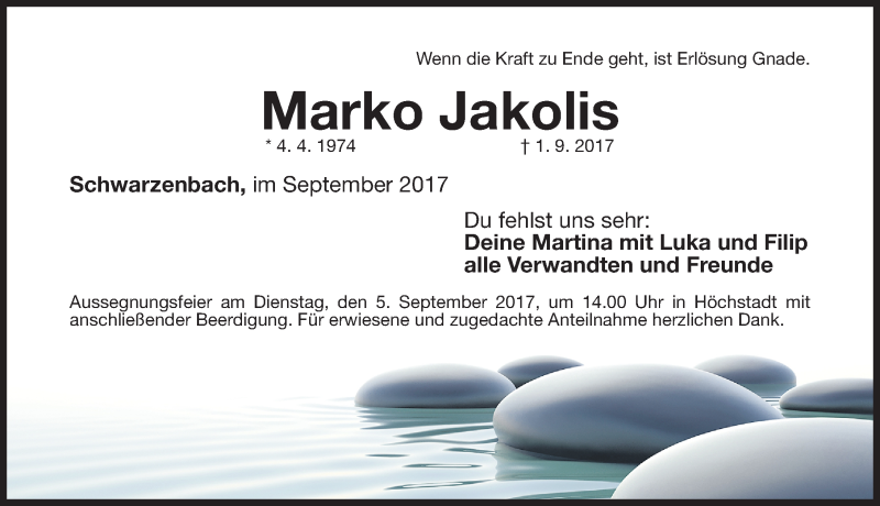  Traueranzeige für Marko Jakolis vom 04.09.2017 aus Nordbayerische Nachrichten Herzogenaurach Lokal