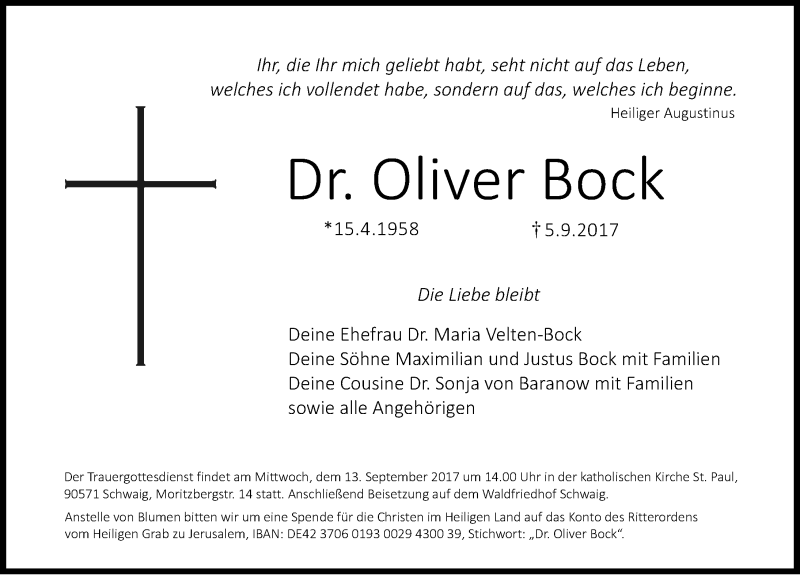  Traueranzeige für Oliver Bock vom 09.09.2017 aus Gesamtausgabe Nürnberger Nachrichten/ Nürnberger Ztg.