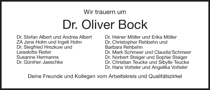  Traueranzeige für Oliver Bock vom 09.09.2017 aus Gesamtausgabe Nürnberger Nachrichten/ Nürnberger Ztg.