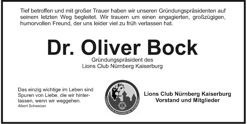  Traueranzeige für Oliver Bock vom 14.09.2017 aus Gesamtausgabe Nürnberger Nachrichten/ Nürnberger Ztg.