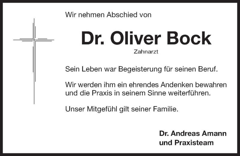  Traueranzeige für Oliver Bock vom 12.09.2017 aus Gesamtausgabe Nürnberger Nachrichten/ Nürnberger Ztg.