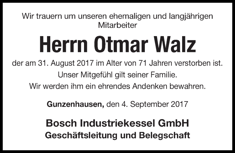  Traueranzeige für Otmar Walz vom 04.09.2017 aus Altmühl-Bote Lokal