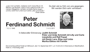 Traueranzeige von Peter Ferdinand Schmidt von Gesamtausgabe Nürnberger Nachrichten/ Nürnberger Ztg.