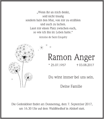 Traueranzeige von Ramon Anger von Gesamtausgabe Nürnberger Nachrichten/ Nürnberger Ztg.