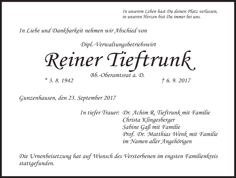  Traueranzeige für Reiner Tieftrunk vom 23.09.2017 aus Altmühl-Bote Lokal